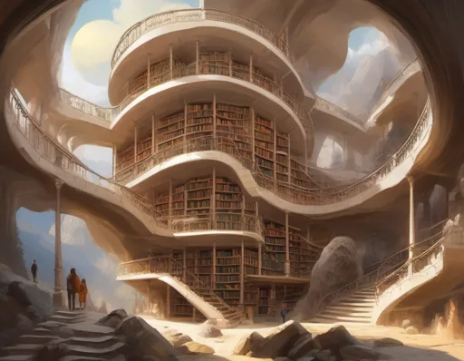 A towering library built inside a hollowed-out ..., artwork by sundaram123krishnan