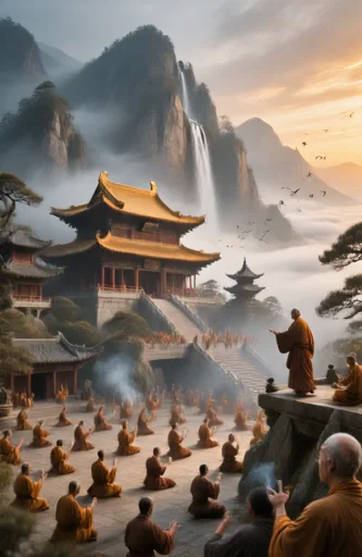 A monumental Shaolin monastery perched dramatic..., artwork by sundaram123krishnan